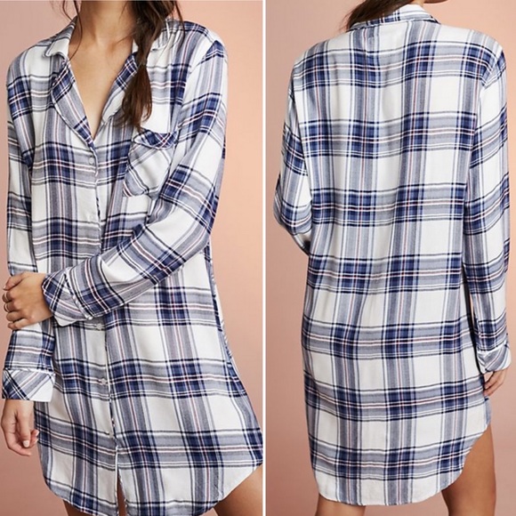 Rails Sleep Shirt White Sky Mauve Plaid Button Front Nightgown Blue/White Large - Picture 2 of 11